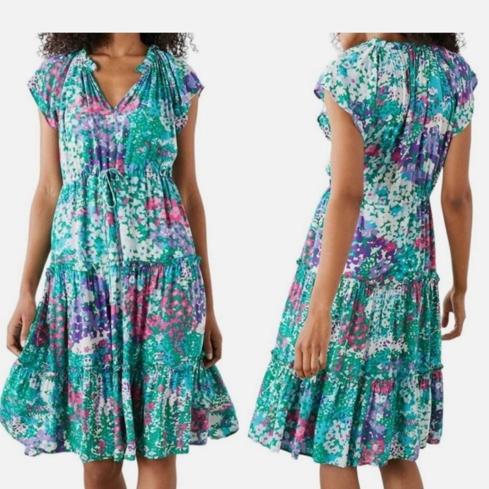 Rails Juni Midi Dress In Gardenia Green, Pink, Purple Floral Flutter Sleeve Sz M